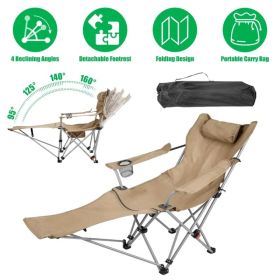 Reclining Camping Chair With Footrest 4-Position Adjustable Outdoor Folding Chair Heavy Duty Portable Camping Lounge Chair With Headrest Cup Hold (Option: Khaki)
